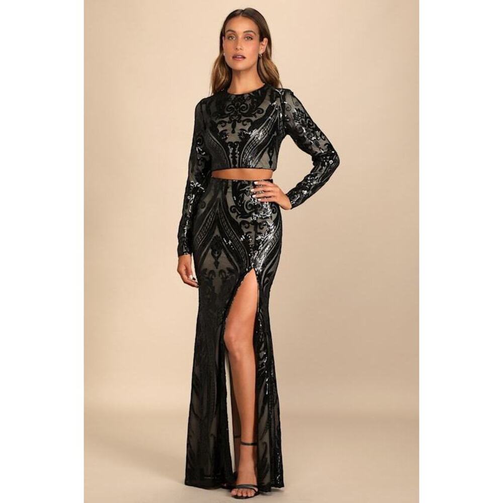 Lulus Luxe Aesthetic Black Sequin Long Sleeve Two-piece Maxi Dress - Size S
